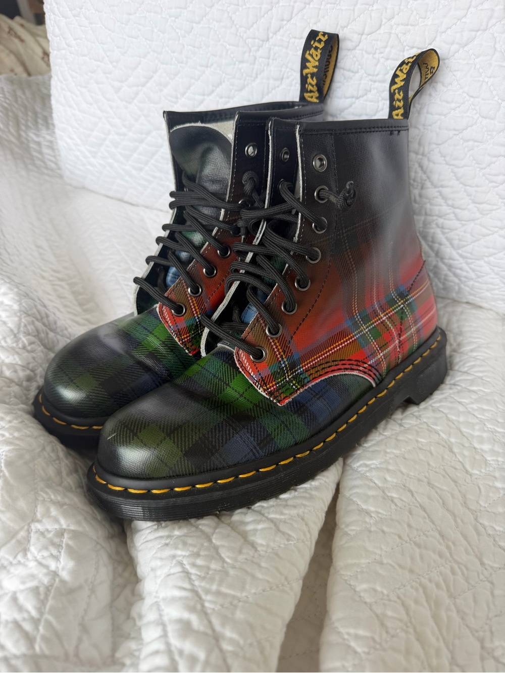 Dr. Martens Black Leather 8-Eye Boots with Red & Green Tartan